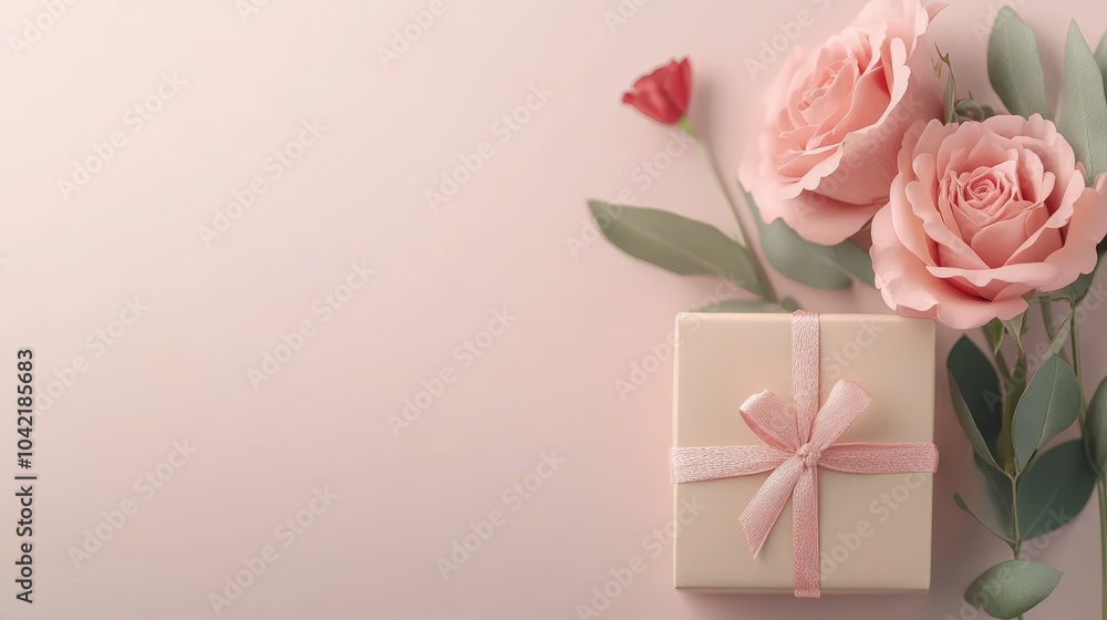 A beautifully wrapped gift box with a pink ribbon is placed beside elegant pink roses and green leaves on a soft, pink background. A beautifully wrapped gift box with a pink ribbon is placed beside elegant pink roses and green leaves on a soft, pink background.