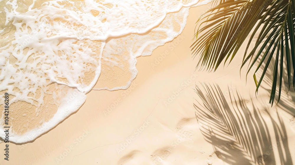 Waves gently crash on the golden sand, creating ripples near a palm tree, while footprints lead towards the tranquil shoreline on a bright sunny day Waves gently crash on the golden sand, creating ripples near a palm tree, while footprints lead towards the tranquil shoreline on a bright sunny day