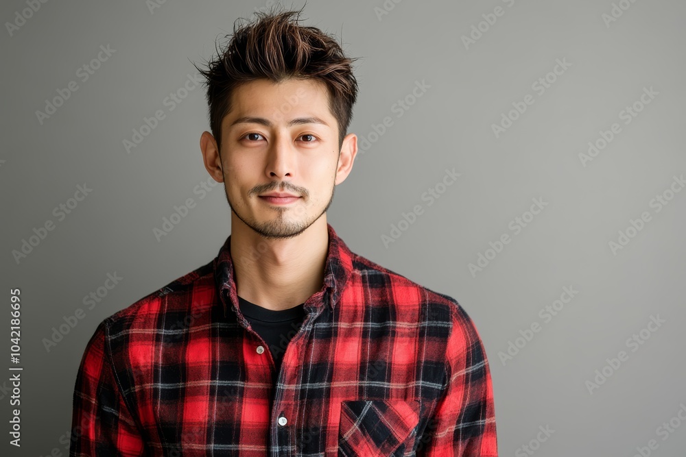 Fototapeta premium モデルが赤と黒のチェック柄シャツを着て微笑むスタジオでのポートレート