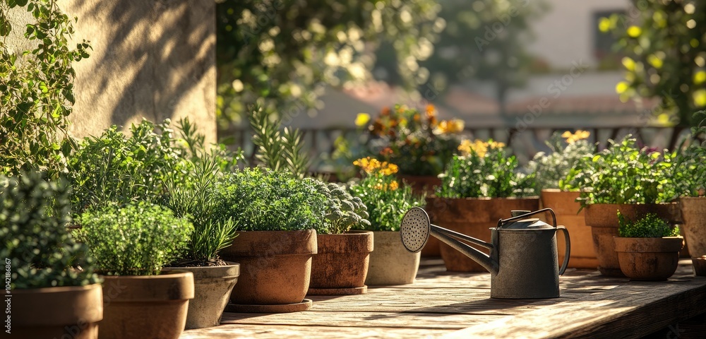 A shared herb garden in a housing colony, featuring a collection of pots filled with different herbs, with a small watering can resting on a nearby table. A shared herb garden in a housing colony, featuring a collection of pots filled with different herbs, with a small watering can resting on a nearby table.