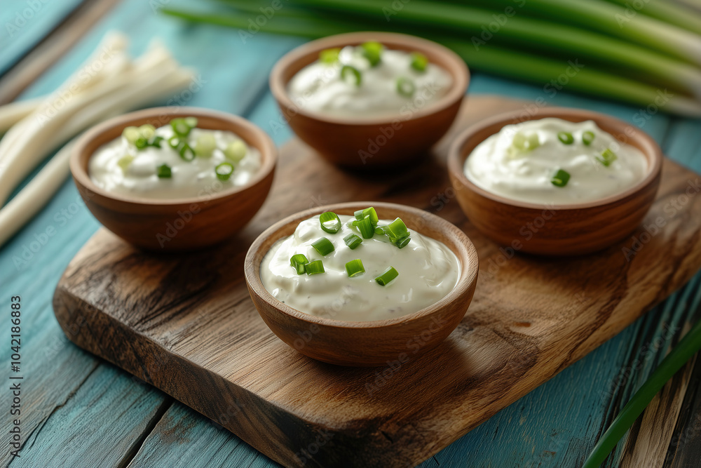 Creamy dip served in wooden bowls on a rustic table, garnished with fresh green onions in natural light. Generative AI Creamy dip served in wooden bowls on a rustic table, garnished with fresh green onions in natural light. Generative AI