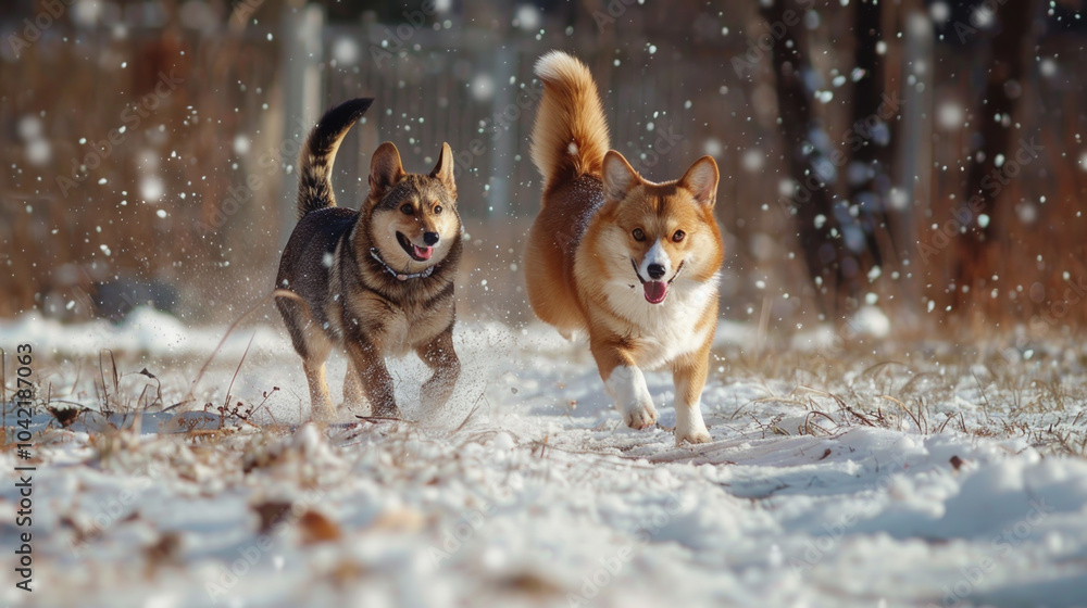 Two dogs, one resembling a corgi and the other a mixed breed, run playfully through a snowy landscape, their fur glistening in the winter sunlight Two dogs, one resembling a corgi and the other a mixed breed, run playfully through a snowy landscape, their fur glistening in the winter sunlight