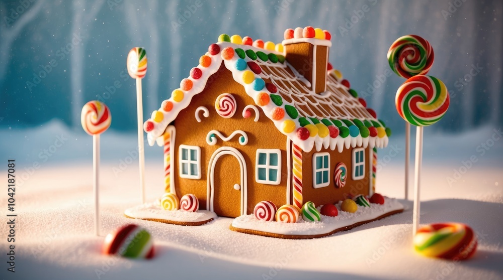 Gingerbread house, festive mood, decorated with candies, winter background Gingerbread house, festive mood, decorated with candies, winter background
