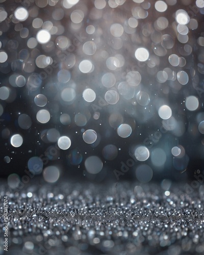 soft grey bokeh background with abstract white glowing circles, resembling light texture. Defocused bubbles, sparkling like snowflakes, create a magical atmosphere. Glittering snowflakes and shimmerin photo