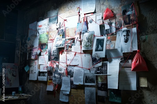 Mysterious Investigation Board: Intriguing Crime Scene Clues with Suspenseful Red Strings and Mysterious Evidence