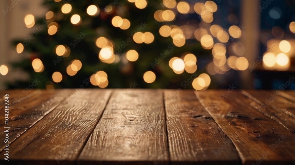 wooden table with a smooth, polished surface sits in the foreground of a cozy, warmly lit living room, beautifully decorated for Christmas with a twinkling tree and soft, glowing bokeh lights in the b wooden table with a smooth, polished surface sits in the foreground of a cozy, warmly lit living room, beautifully decorated for Christmas with a twinkling tree and soft, glowing bokeh lights in the b