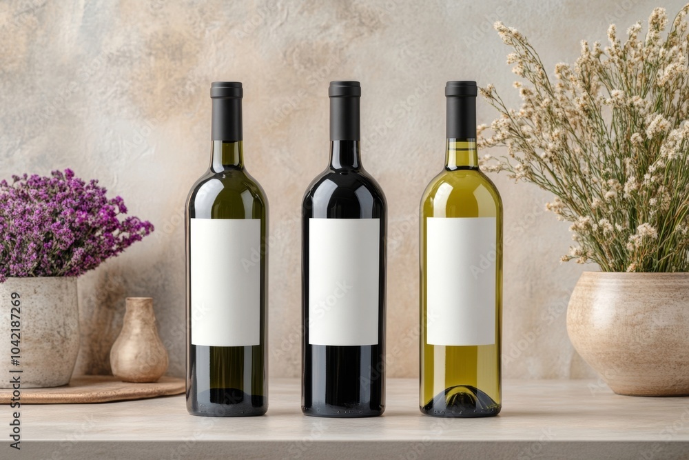Elegant Display of Red and White Wine Bottles with Blank Labels Amid Rustic Floral Decor Elegant Display of Red and White Wine Bottles with Blank Labels Amid Rustic Floral Decor