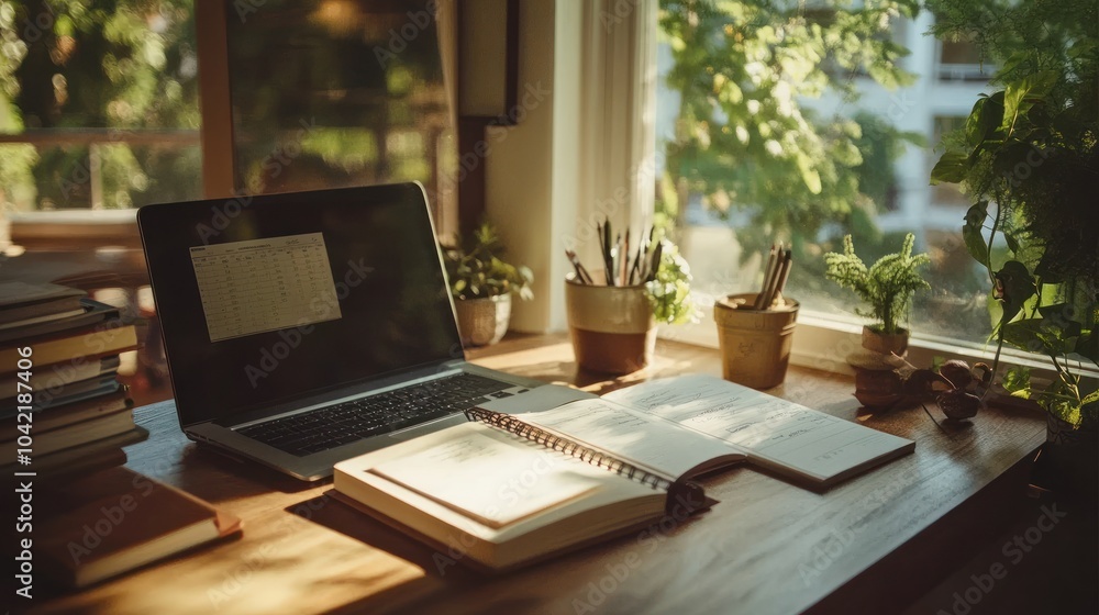 custom made wallpaper toronto digitalA laptop, notebook, and books are on a wooden table in a room with a window and plants.