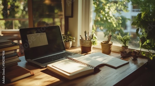 Wallpaper Mural A laptop, notebook, and books are on a wooden table in a room with a window and plants. Torontodigital.ca
