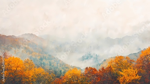 Misty autumn mountain scenery, with vibrant fall colors and fog enveloping the trees and peaks, perfect for reflective nature stock visuals.