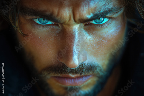 Close-up of a man with piercing blue eyes and intense expression, AI generated photo