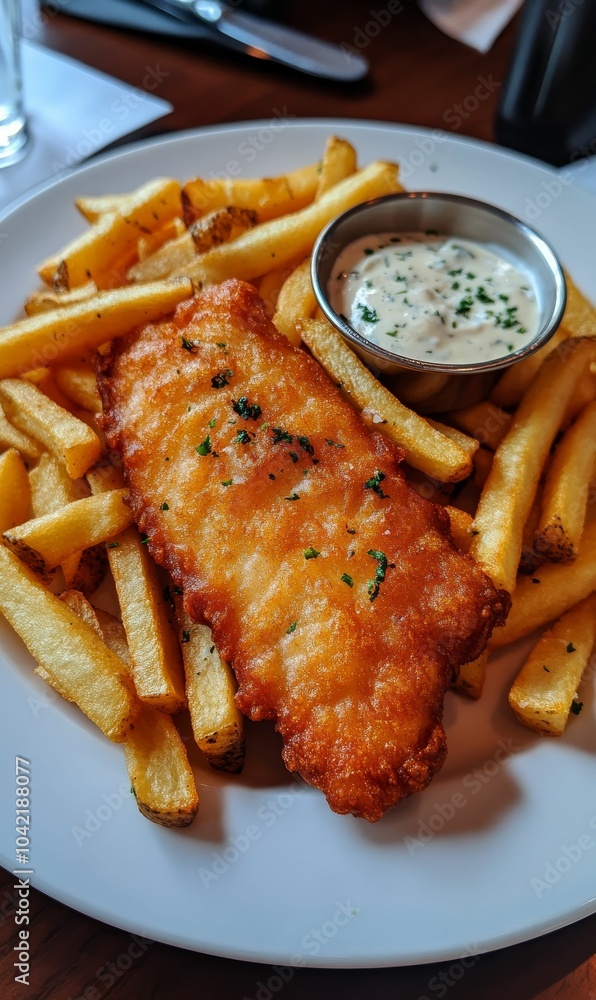 Fish and chips with creamy dipping sauce. Fish and chips with creamy dipping sauce.
