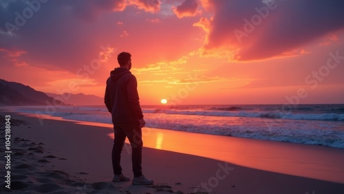 Dusk Dreams: A Man Embracing the Vibrant Sunset on the Beach