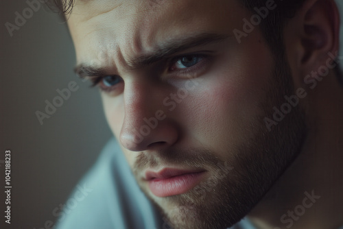 Thoughtful young man in close-up, displaying serious expression with intense gaze, AI generated