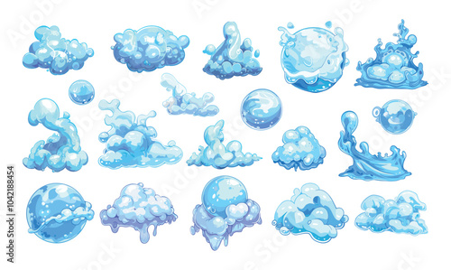 Soap shampoo bubbles cartoon vector set . Foam wet ball lather soapy cleanser detergent suds spume froth, isolated illustrations on white background