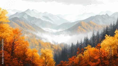 Misty autumn mountain scenery, with vibrant fall colors and fog enveloping the trees and peaks, perfect for reflective nature stock visuals.