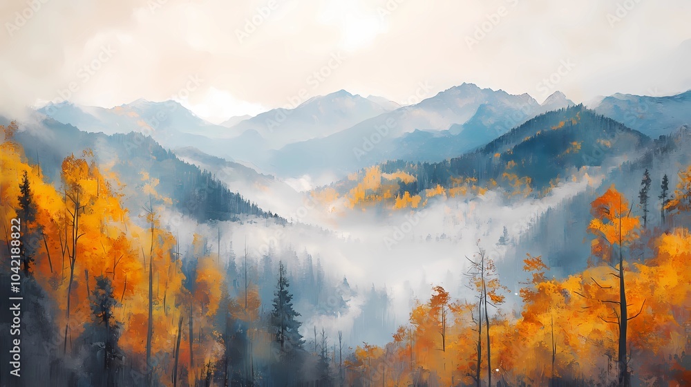 Fototapeta premium Autumn mountains with foggy peaks, surrounded by golden and orange trees, creating a peaceful and calming landscape ideal for seasonal photography.