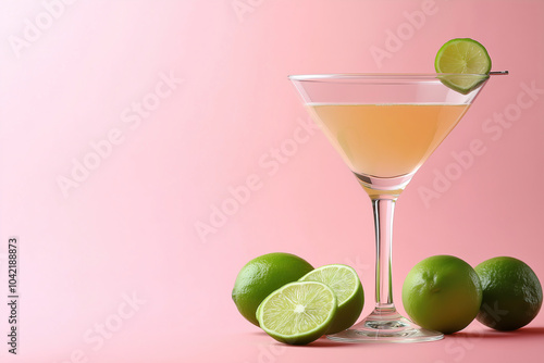 Refreshing cocktail served in a glass with lime garnish and halved limes against a pink background in a bar setting. Generative AI photo