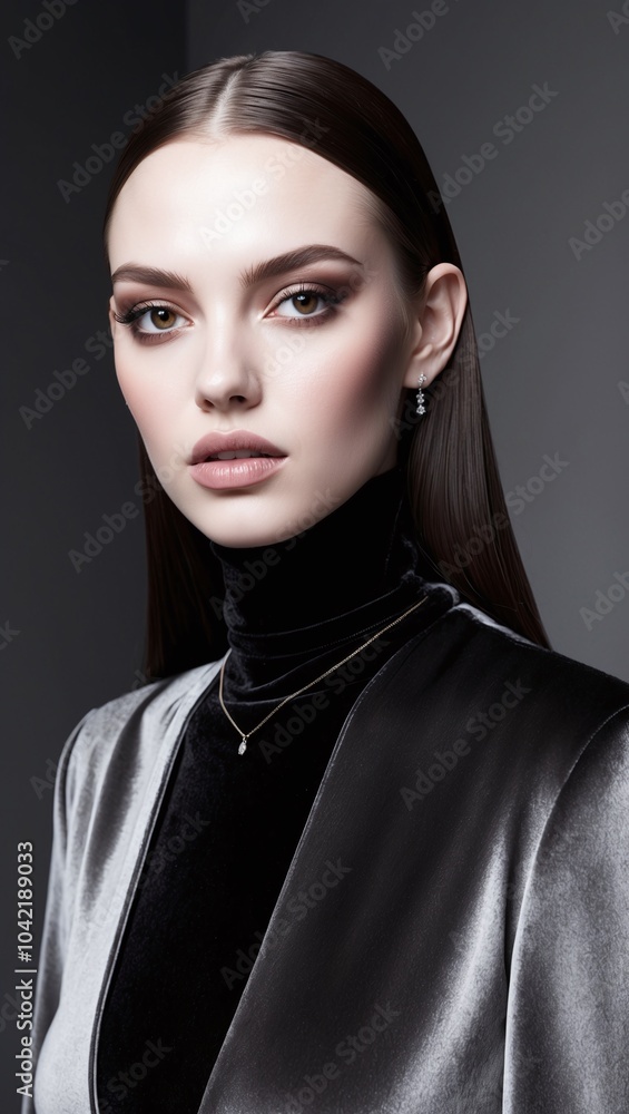 A stylish young woman with long straight hair dressed in a sleek black turtleneck and minimalist jewelry A stylish young woman with long straight hair dressed in a sleek black turtleneck and minimalist jewelry