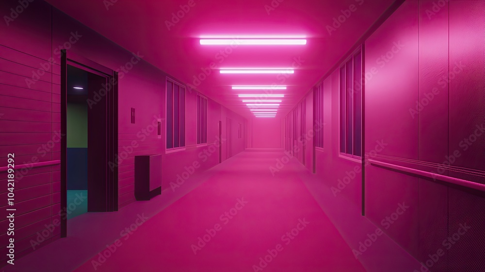 A long narrow empty corridor with closed doors along the walls. Apartments, wards or offices in a stylish modern building. Illustration for a cover, postcard, brochure or advertisement. A long narrow empty corridor with closed doors along the walls. Apartments, wards or offices in a stylish modern building. Illustration for a cover, postcard, brochure or advertisement.