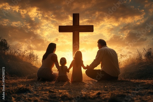 A family gathered in prayer before a cross, creating a heartfelt moment of faith and unity, symbolizing devotion and spiritual connection photo