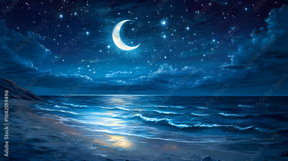 Serene night sky over a tranquil ocean with a crescent moon and shining stars, creating a calming and peaceful nighttime scene. Crescent Moon Beach. Illustration Serene night sky over a tranquil ocean with a crescent moon and shining stars, creating a calming and peaceful nighttime scene. Crescent Moon Beach. Illustration