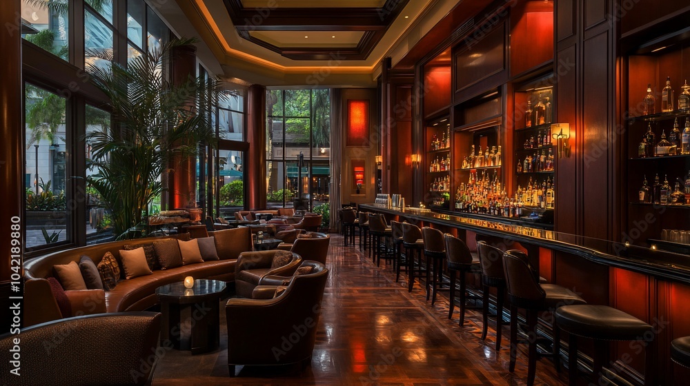 Elegant bar with high-backed chairs and plush seating with a marble countertop and wooden floors. Elegant bar with high-backed chairs and plush seating with a marble countertop and wooden floors.
