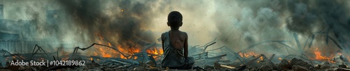 Young boy sitting amidst the ruins of a war-torn environment, staring at burning destruction. Free copy space for banner.