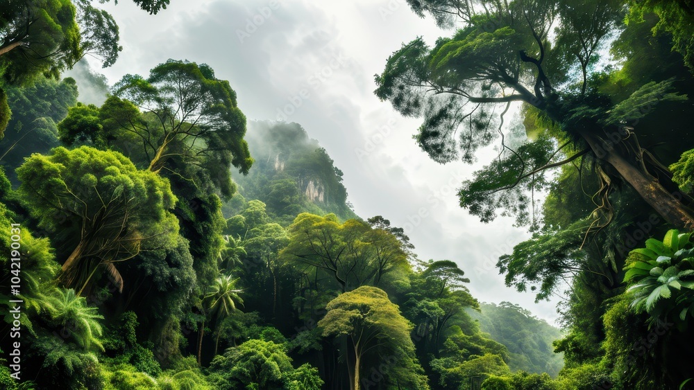 Majestic view of a mist-covered rainforest with towering green trees and vibrant foliage. Ideal for wilderness, adventure, or eco-tourism themes