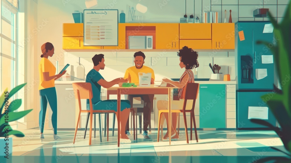 A family of four sits around a kitchen table, preparing to eat a meal together. The kitchen is bright and sunny, with a yellow and green color scheme. A family of four sits around a kitchen table, preparing to eat a meal together. The kitchen is bright and sunny, with a yellow and green color scheme.