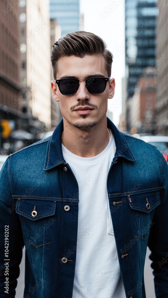 A young man with a clean shave wearing a denim jacket and sunglasses walking in the city A young man with a clean shave wearing a denim jacket and sunglasses walking in the city