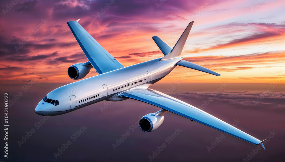Airplane flying high in the sky, transportation, aviation, travel concept, sunset background