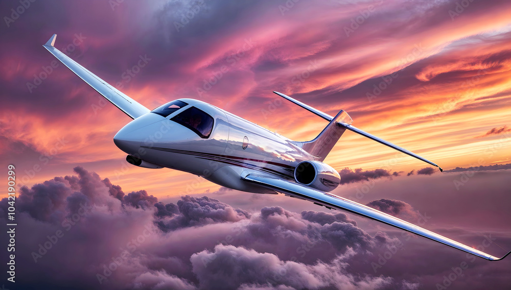 Airplane flying high in the sky, transportation, aviation, travel concept, sunset background
