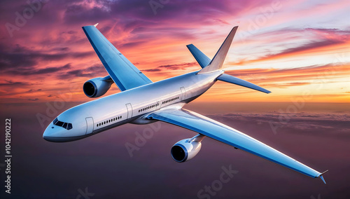 Obraz na płótnie Airplane flying high in the sky, transportation, aviation, travel concept, sunset background w salonie