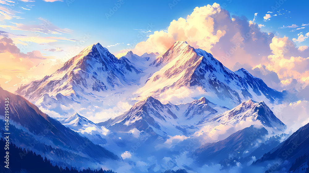 Spectacular snow-capped mountain peaks bask in soft golden light of dawn, set against a brilliant blue sky with gentle clouds, serene and majestic landscape. Snow-capped Peaks. Illustration Spectacular snow-capped mountain peaks bask in soft golden light of dawn, set against a brilliant blue sky with gentle clouds, serene and majestic landscape. Snow-capped Peaks. Illustration