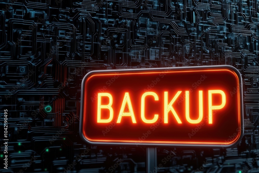 Fototapeta premium Backup neon sign on a digital circuit background, highlighting data protection.