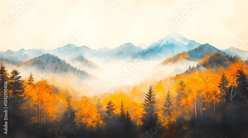 Fog rolling over the autumn mountains, with vibrant fall trees and mist-covered peaks, perfect for tranquil and atmospheric nature-themed stock imagery.