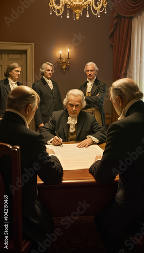 A depiction of the Founding Fathers gathered, engaged in dialogue as they draft the Declaration of Independence, for educational resources, history documentaries, and patriotic materials