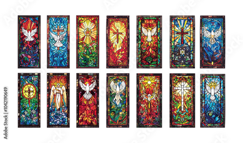 Stained glass windows cartoon vector set. Jesus cross white dove holy spirit sacred god religion traditional glazings, chapel interior church christian elements isolated illustrations