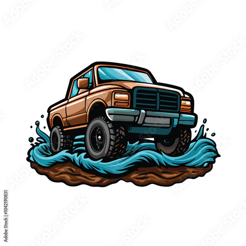 Vector illustration of a lifted pickup truck driving through water.