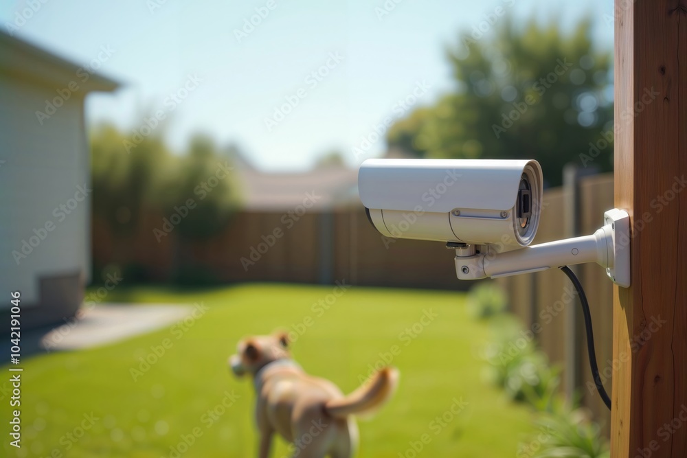 Backyard security system. Outdoor camera monitors dog in grassy yard near wooden fence.