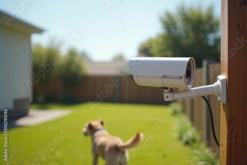 Obraz na płótnie Backyard security system. Outdoor camera monitors dog in grassy yard near wooden fence. w salonie