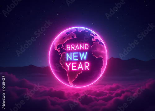 A vibrant neon glow illuminates the night sky as the world welcomes a brand new year in this futuristic background design.