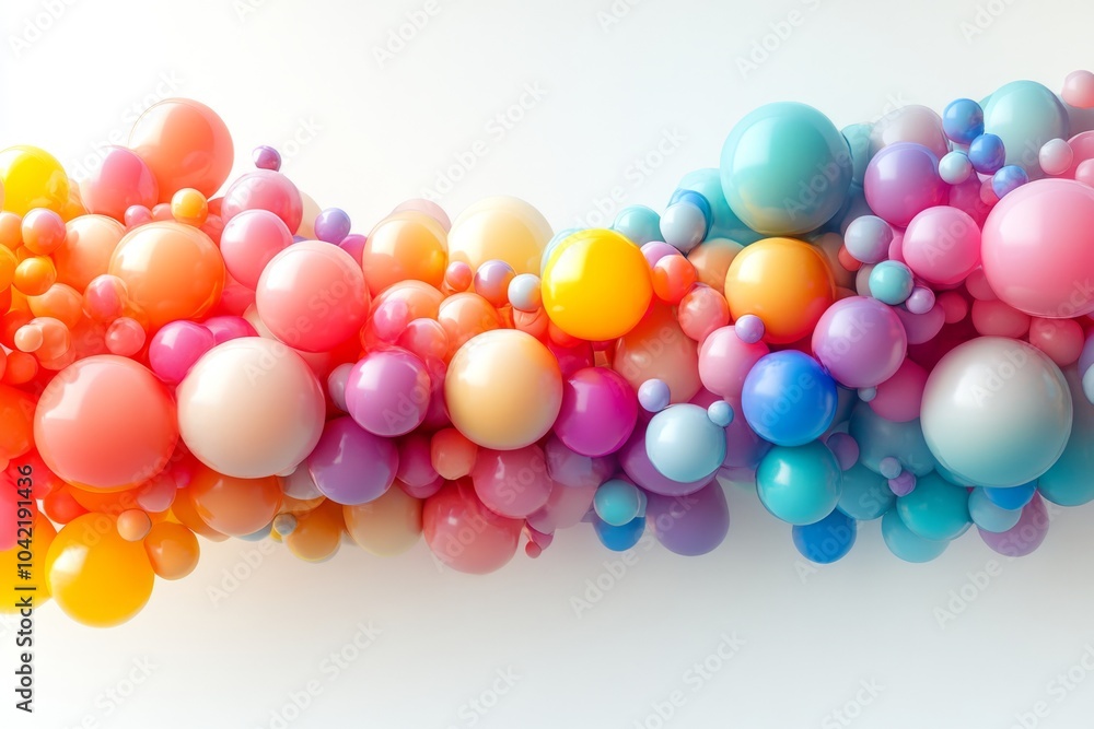A cascading wave of colorful balloons in various sizes creates a vibrant 3D effect against a stark white background, enhanced by subtle shadows and highlights A cascading wave of colorful balloons in various sizes creates a vibrant 3D effect against a stark white background, enhanced by subtle shadows and highlights