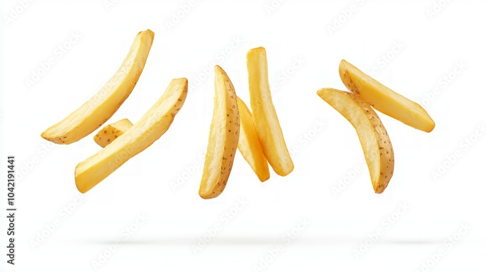 Whimsical Potato Fries in Flight, playful scene of golden fries soaring against a clean white backdrop, capturing a fun and imaginative culinary concept. Whimsical Potato Fries in Flight, playful scene of golden fries soaring against a clean white backdrop, capturing a fun and imaginative culinary concept.