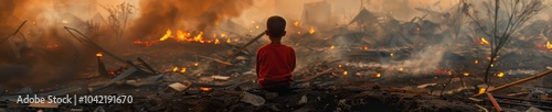 Young boy sitting amidst the ruins of a war-torn environment, staring at burning destruction. Free copy space for banner.