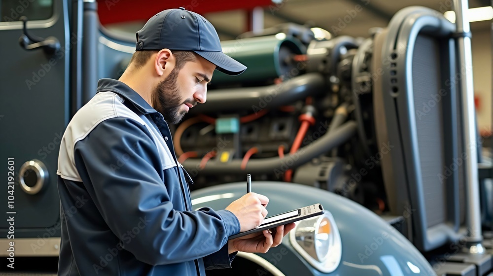 Future of Auto Repair: Mechanic Diagnoses Diesel Engines Using Tablets, Ai generated Images Future of Auto Repair: Mechanic Diagnoses Diesel Engines Using Tablets, Ai generated Images