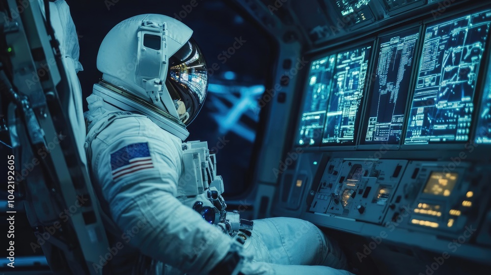 A serene astronaut in profile view, sitting inside a space rocket, surrounded by advanced navigation tools and screens displaying vital spacecraft data. A serene astronaut in profile view, sitting inside a space rocket, surrounded by advanced navigation tools and screens displaying vital spacecraft data.