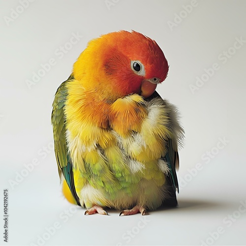 Colorful lovebird grooming feathers on white background. photo