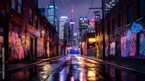 A photo of the empty streets at night, with graffiti on buildings and skyscrapers in view